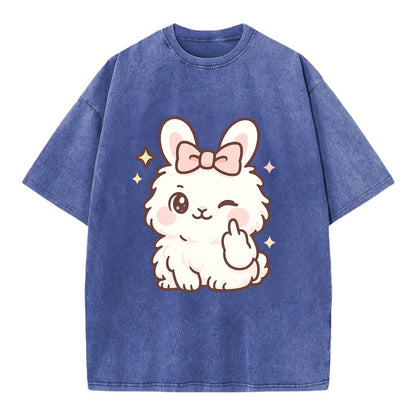 fluffy white angora rabbit with pink bow, one paw delicately flipping off - Vintage T-shirt - Blue