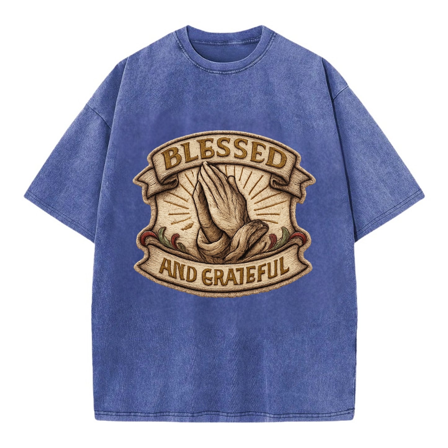 BLESSED AND GRATEFUL - praying hands with text in gold , thankful - Vintage T-shirt - Blue