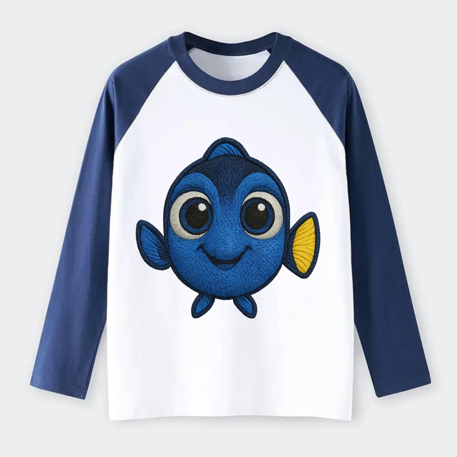 Baby Blue Tang - bright blue with yellow tail, big eyes, front-facing, - Raglan Long Sleeve T-Shirt - Blue