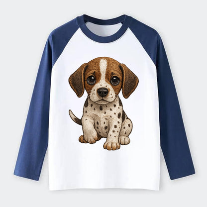 Baby Pointer Puppy - spotted coat, noble stance, alert eyes, - Raglan Long Sleeve T-Shirt - Blue