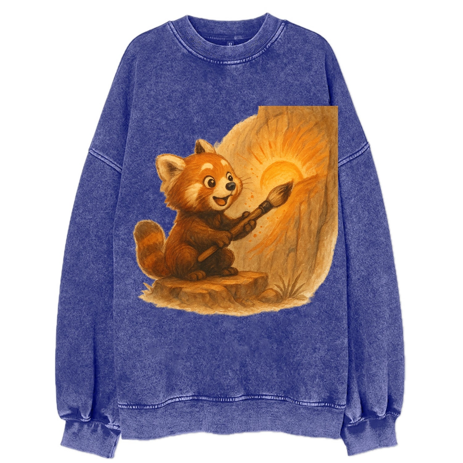 Red panda painting a sunrise mural with an oversized calligraphy brush on a - Vintage Sweatshirt - Blue
