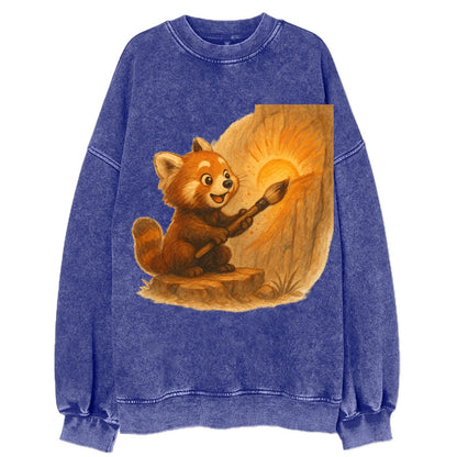 Red panda painting a sunrise mural with an oversized calligraphy brush on a - Vintage Sweatshirt - Blue