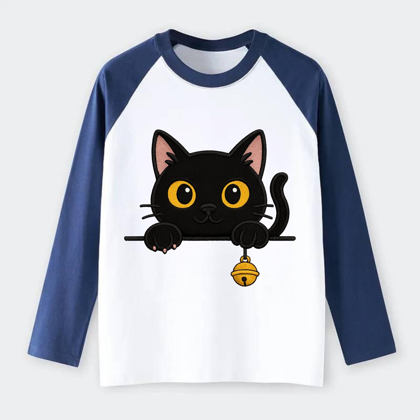 Midnight the black cat leaning sideways with chin resting on left paw. - Raglan Long Sleeve T-Shirt - Blue