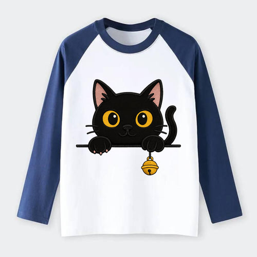 Midnight the black cat leaning sideways with chin resting on left paw. - Raglan Long Sleeve T-Shirt