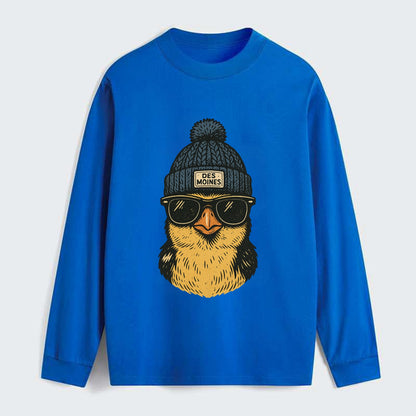 Iowa Goldfinch wearing Des Moines beanie with pom pom and wayfarer - Classic Long Sleeve Shirt - Blue