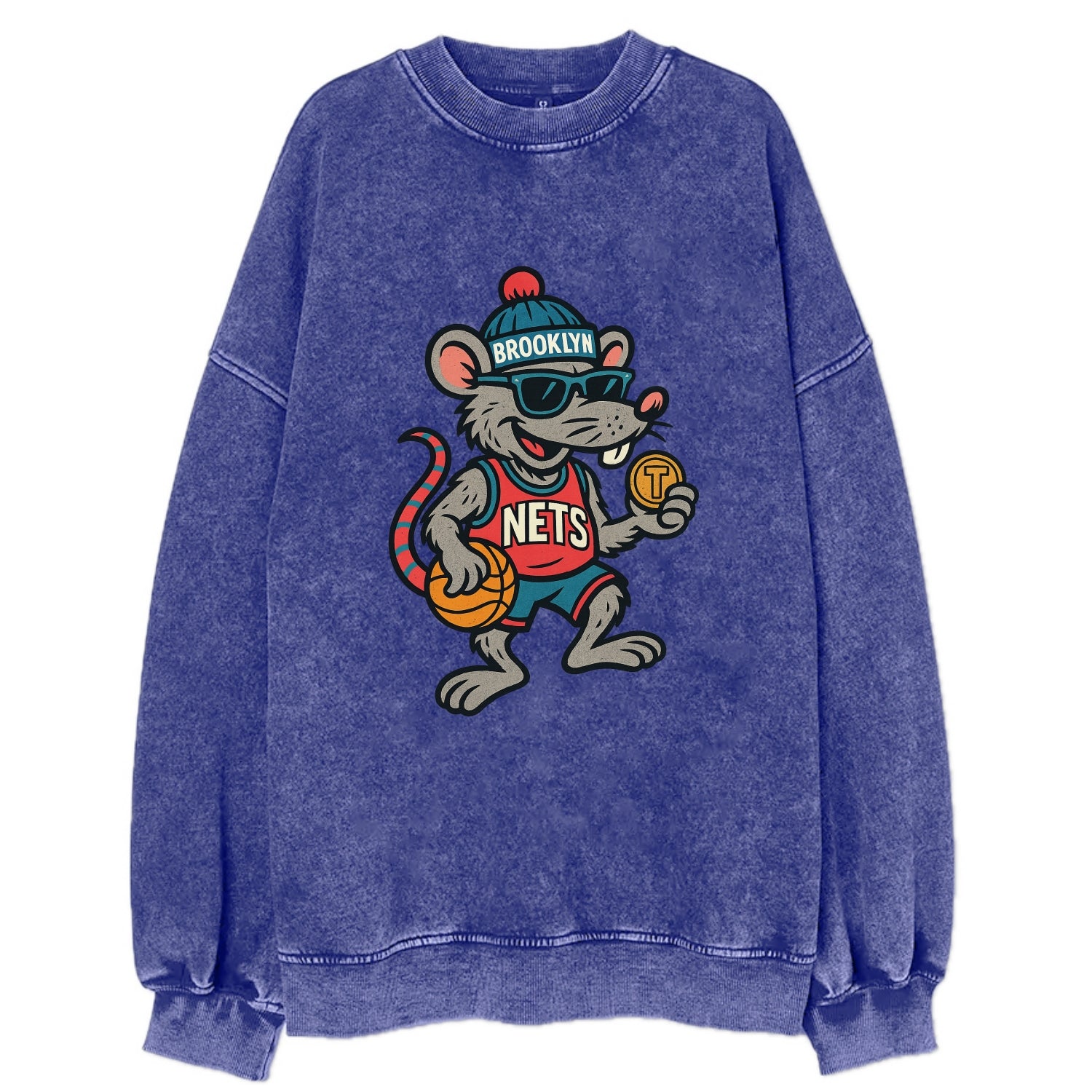 Brooklyn Rat wearing Nets beanie with subway token and wayfarer sunglasses - Vintage Sweatshirt - Blue