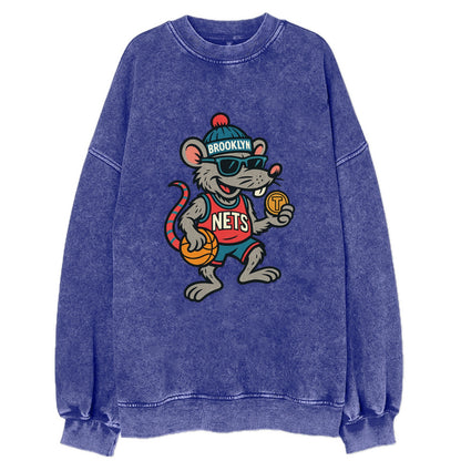 Brooklyn Rat wearing Nets beanie with subway token and wayfarer sunglasses - Vintage Sweatshirt - Blue