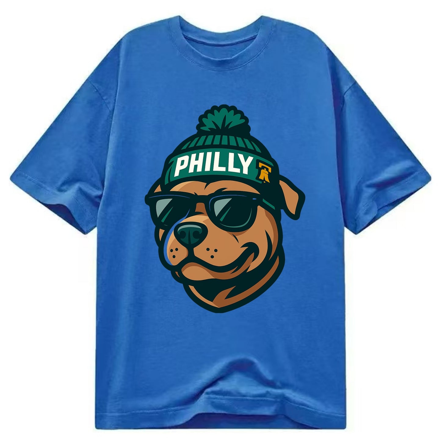 Philly Pitbull wearing Eagles beanie with Liberty Bell patch and wayfarer - Classic T-shirt - Blue