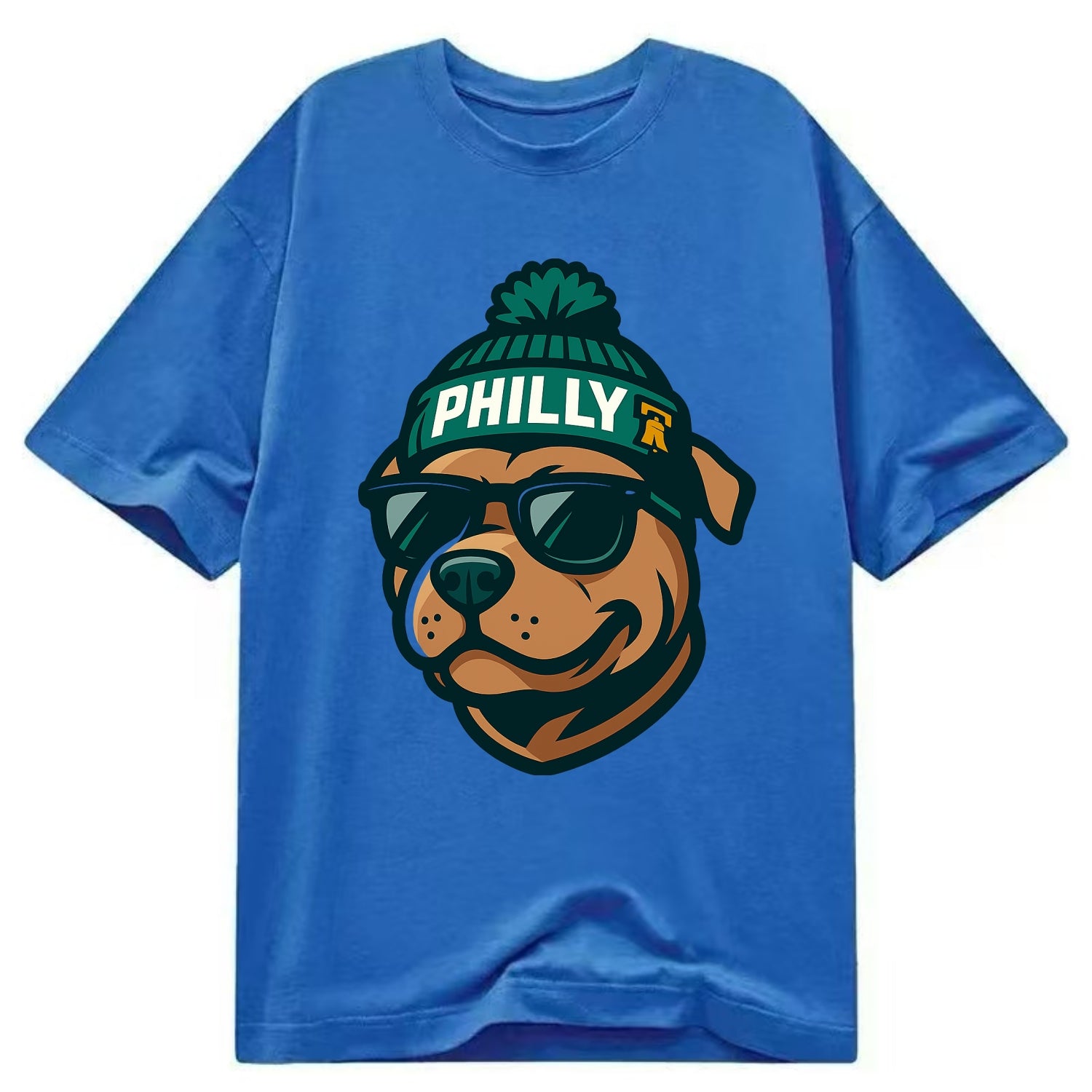 Philly Pitbull wearing Eagles beanie with Liberty Bell patch and wayfarer - Classic T-shirt - Blue