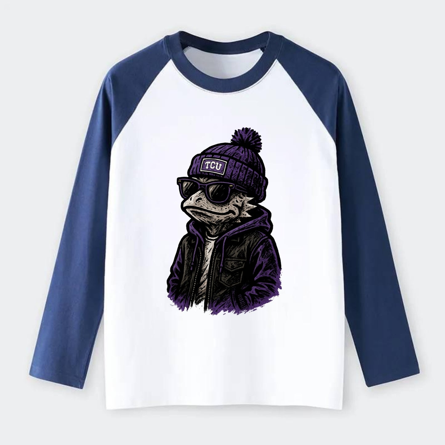 Fort Worth Frog wearing TCU beanie with horned patch - Raglan Long Sleeve T-Shirt - Blue