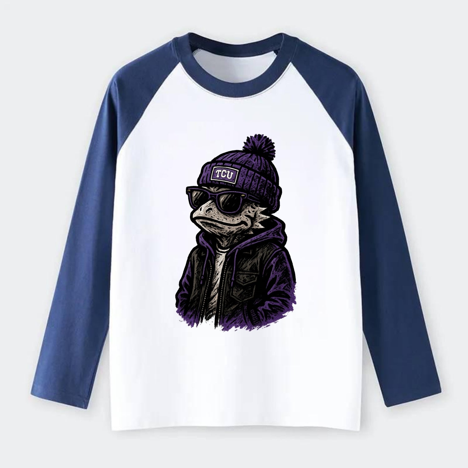 Fort Worth Frog wearing TCU beanie with horned patch - Raglan Long Sleeve T-Shirt - Blue