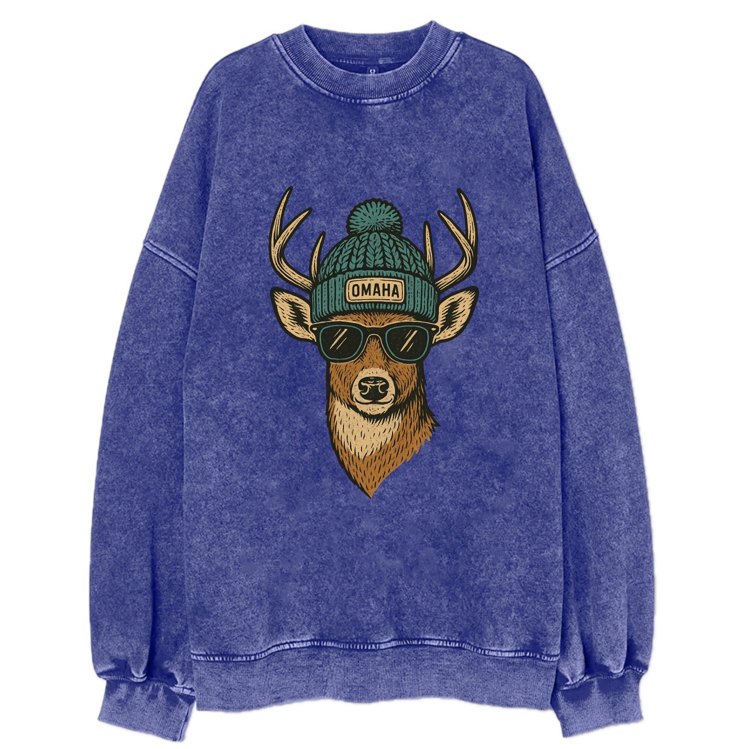 Nebraska White-tailed Deer wearing Omaha beanie with pom pom and wayfarer - Vintage Sweatshirt - Blue