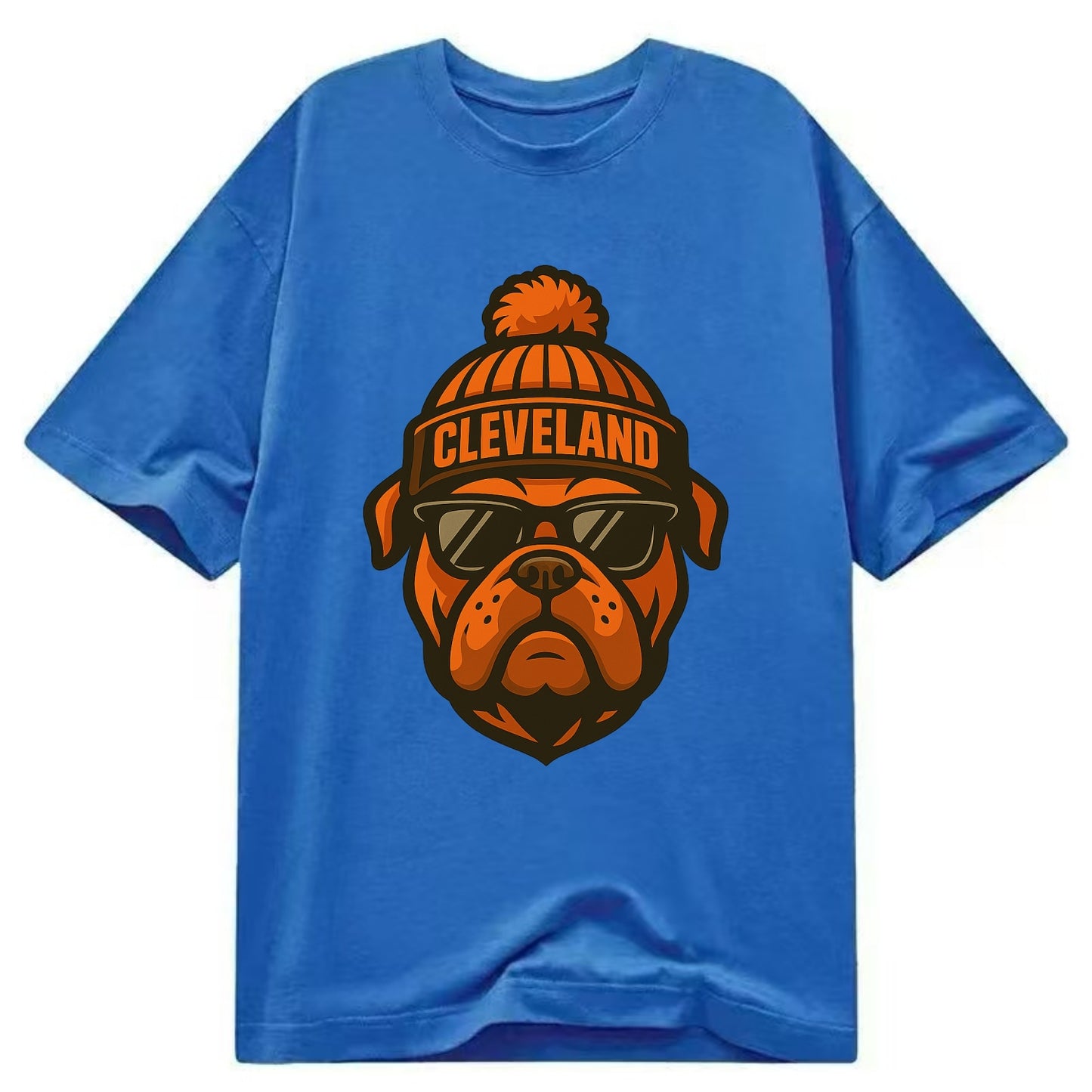 Cleveland Bulldog wearing Browns orange and brown beanie with pom pom and - Classic T-shirt - Blue