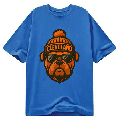 Cleveland Bulldog wearing Browns orange and brown beanie with pom pom and - Classic T-shirt - Blue