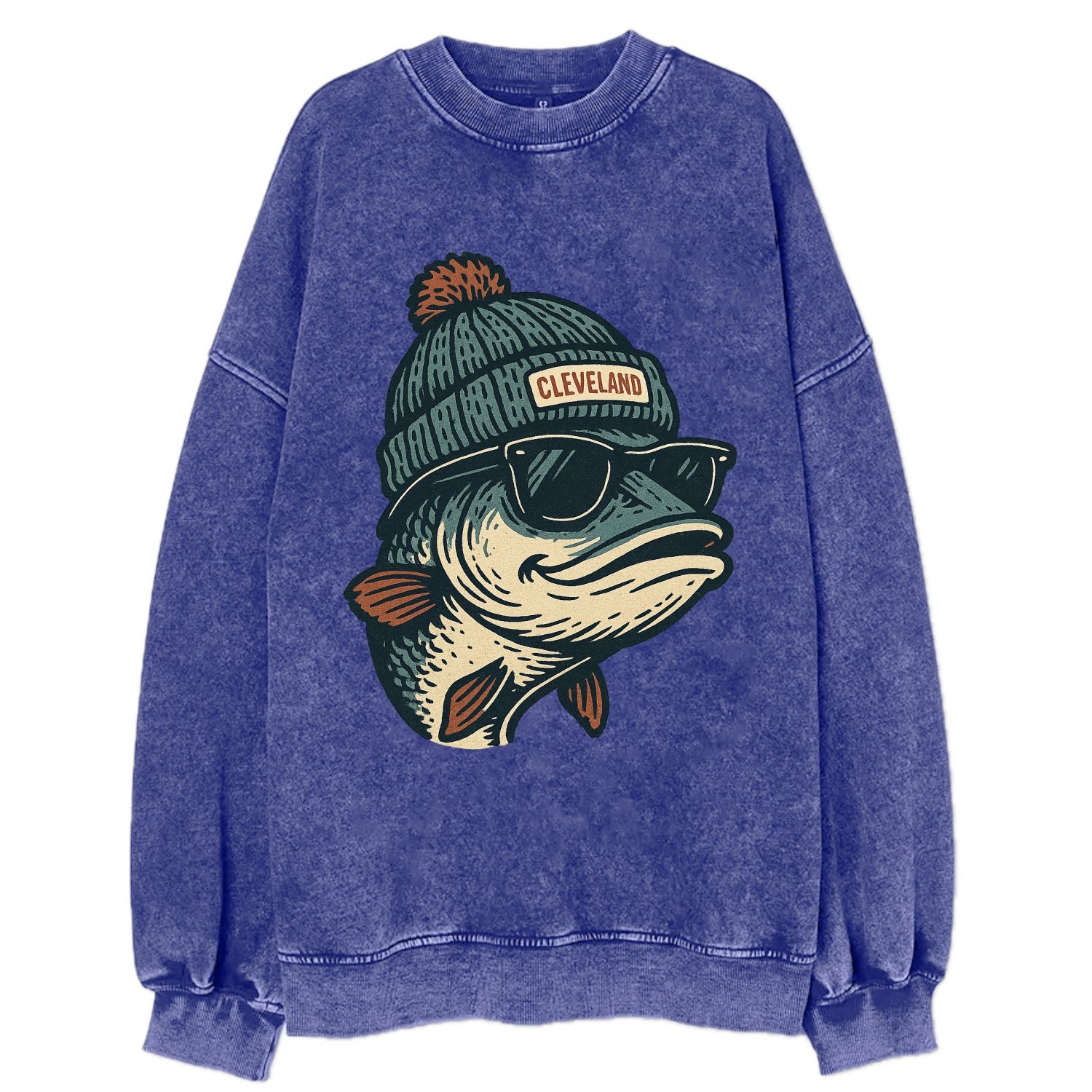 Cleveland Lake Erie Walleye wearing Cleveland beanie with pom pom and wayfarer - Vintage Sweatshirt - Blue