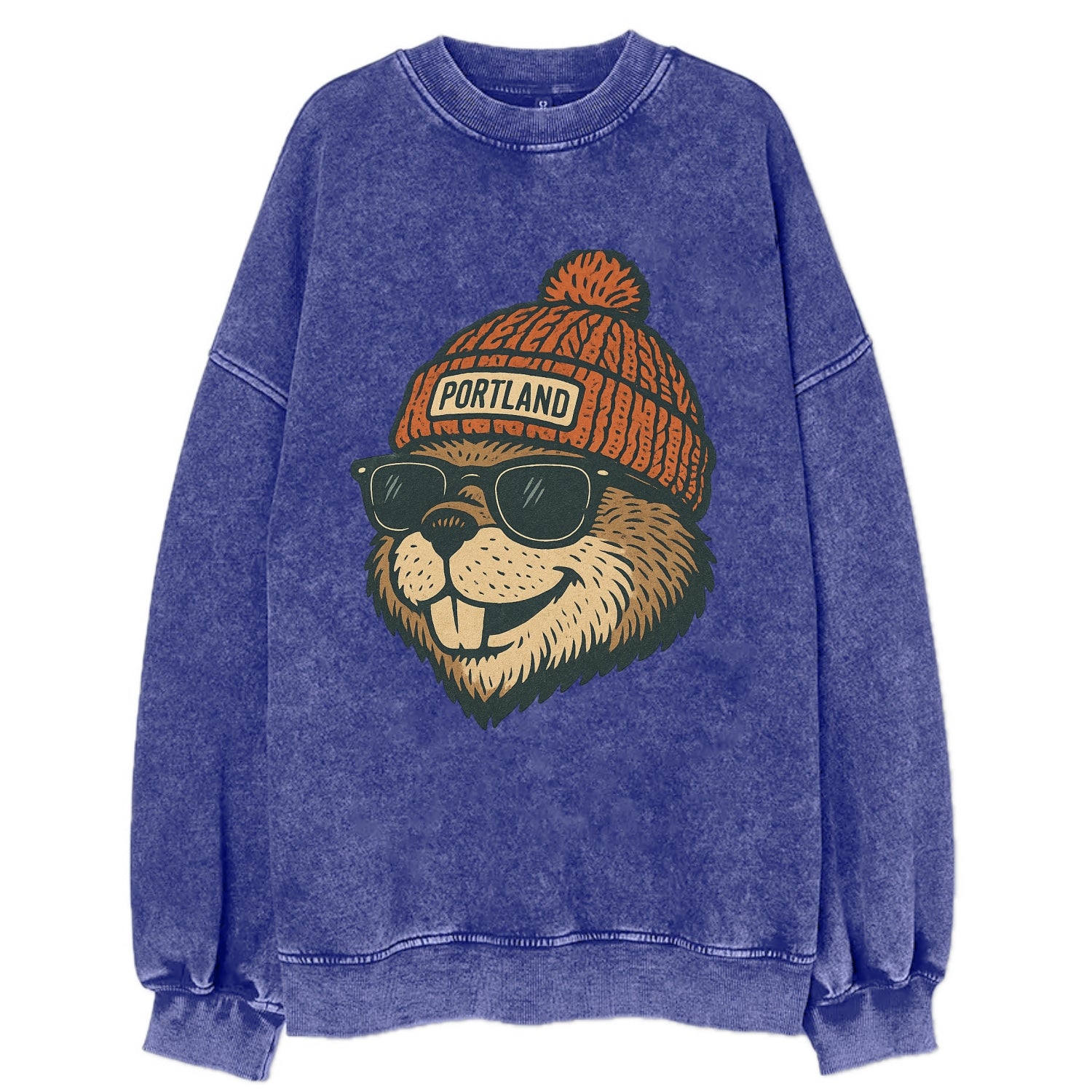Oregon Beaver wearing Portland beanie with pom pom and wayfarer sunglasses - Vintage Sweatshirt - Blue