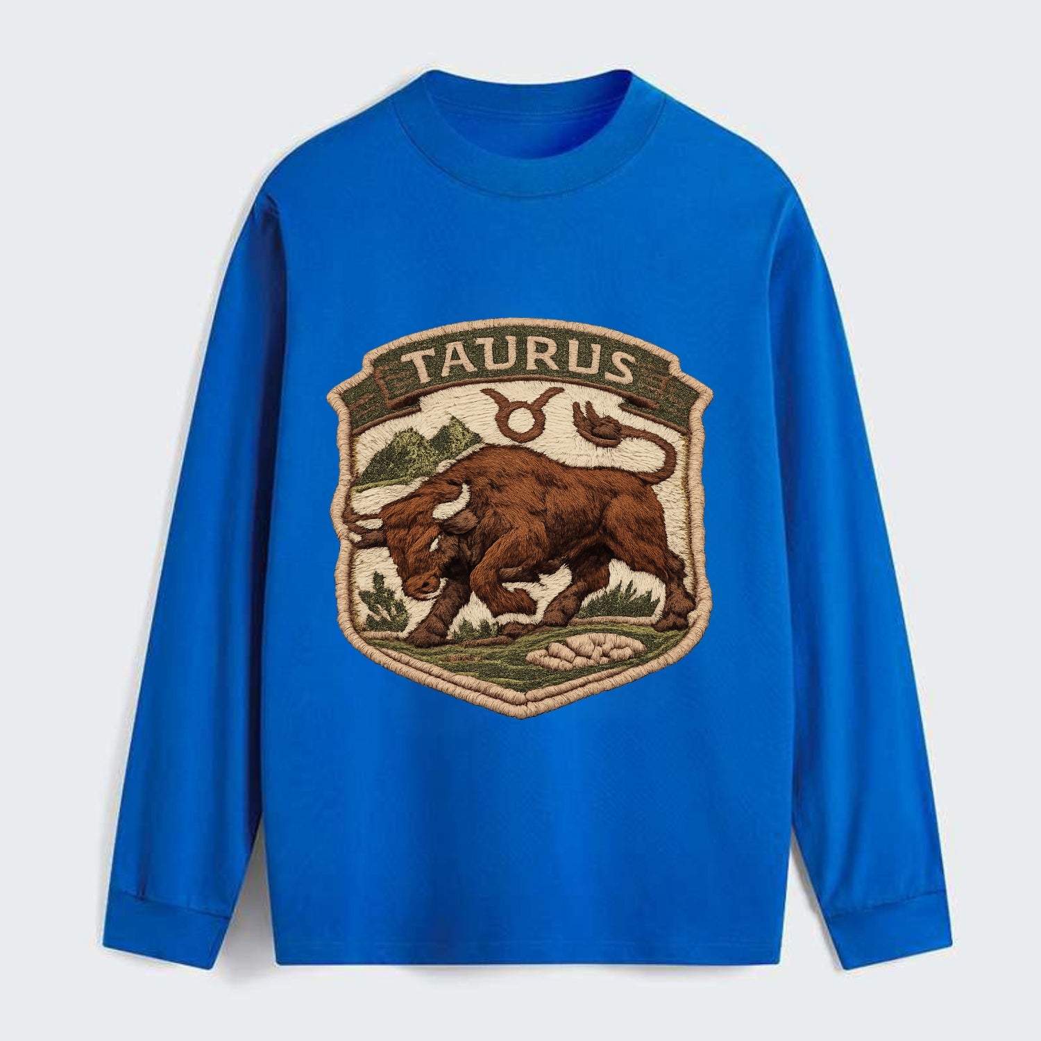 TAURUS BULL - strong bull in brown and green , earth sign - Classic Long Sleeve Shirt - Blue