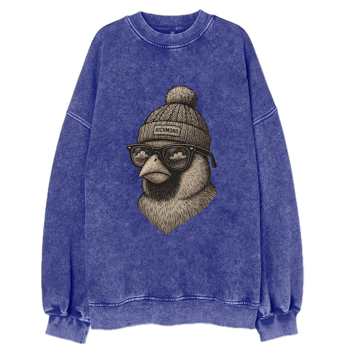 Virginia Cardinal wearing Richmond beanie with pom pom and wayfarer sunglasses - Vintage Sweatshirt - Blue