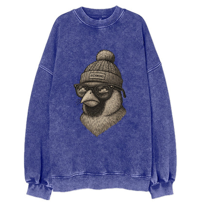 Virginia Cardinal wearing Richmond beanie with pom pom and wayfarer sunglasses - Vintage Sweatshirt - Blue