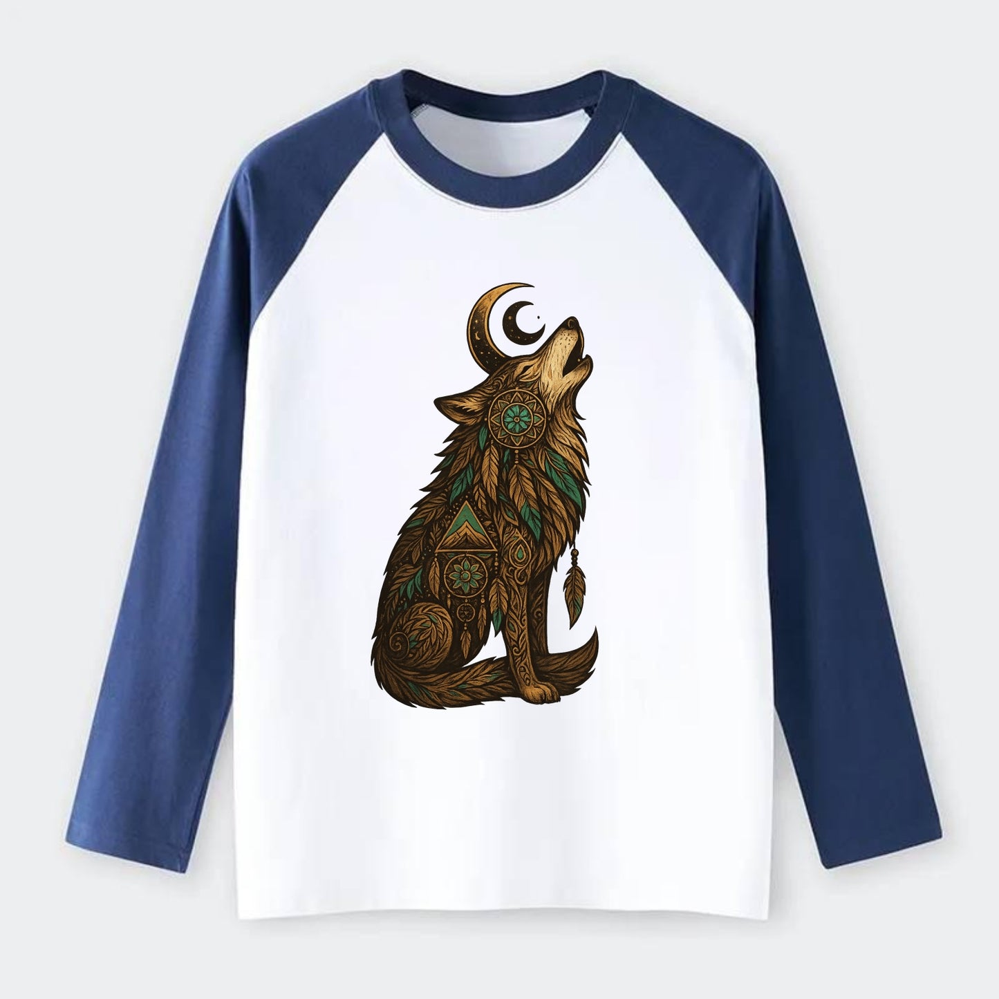 Celestial Moon Wolf  - Raglan Long Sleeve T-Shirt - Blue