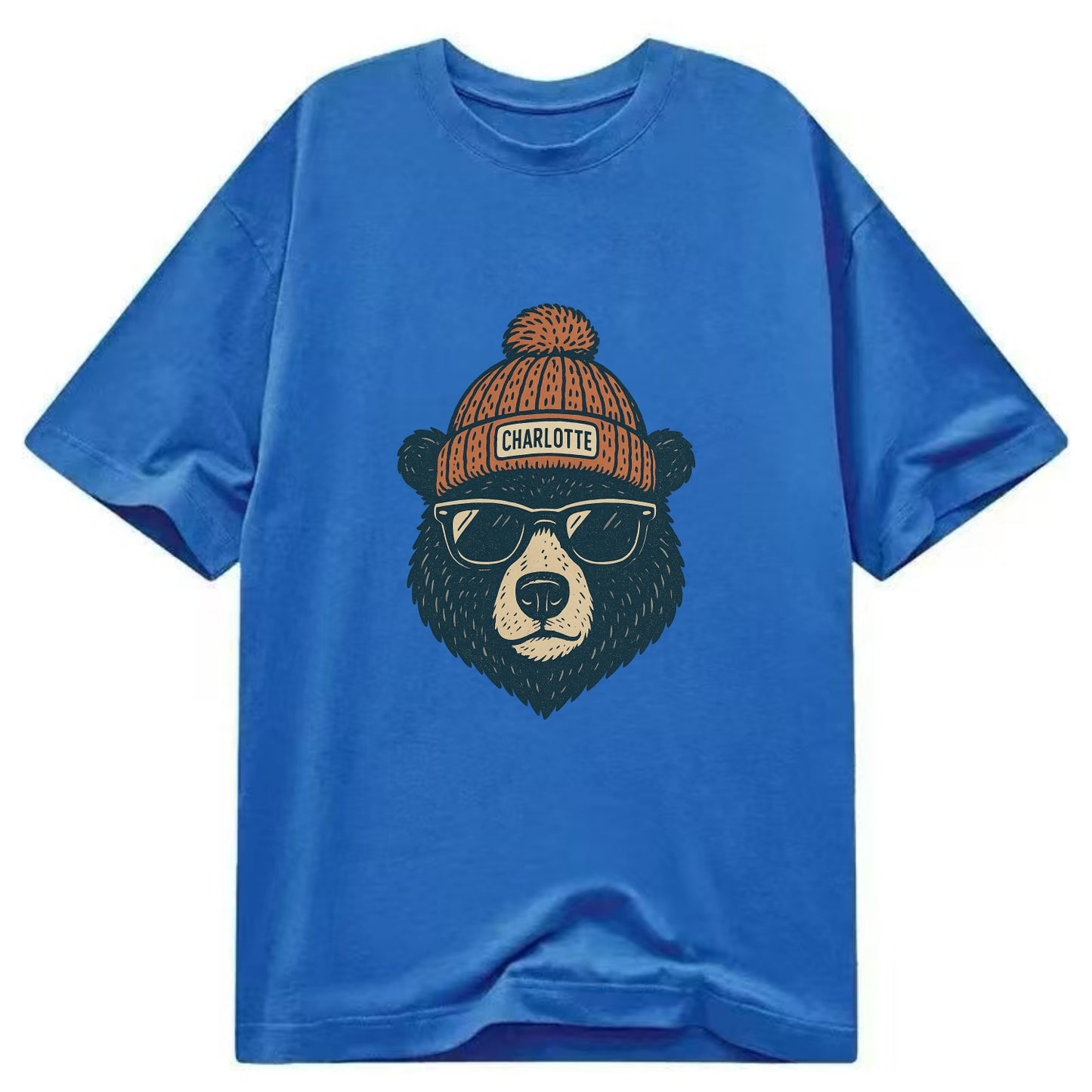 North Carolina Black Bear wearing Charlotte beanie with pom pom and wayfarer - Classic T-shirt - Blue