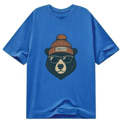 North Carolina Black Bear wearing Charlotte beanie with pom pom and wayfarer - Classic T-shirt - Blue