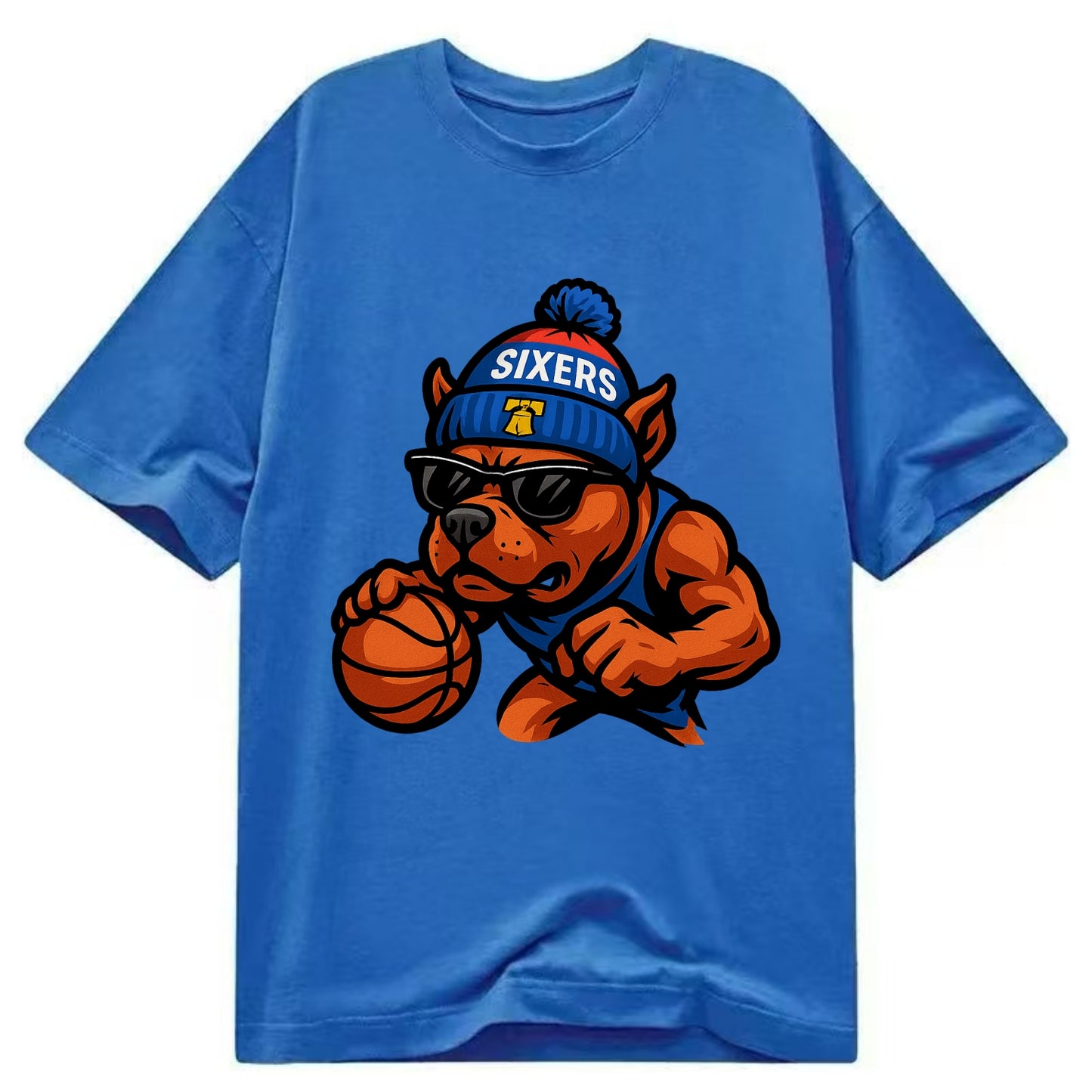 Philly Pitbull wearing Sixers beanie with Liberty Bell and wayfarer sunglasses - Classic T-shirt - Blue