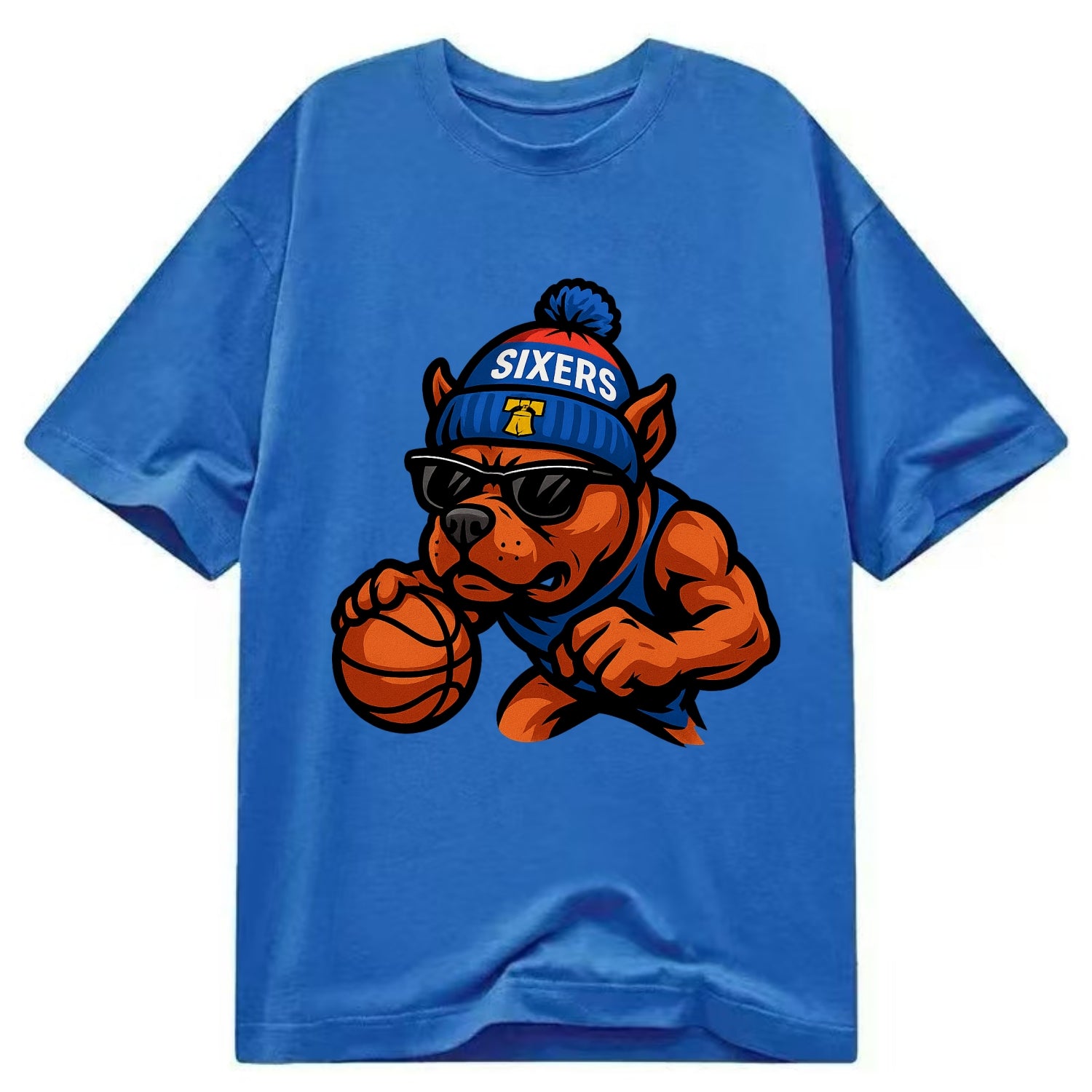 Philly Pitbull wearing Sixers beanie with Liberty Bell and wayfarer sunglasses - Classic T-shirt - Blue