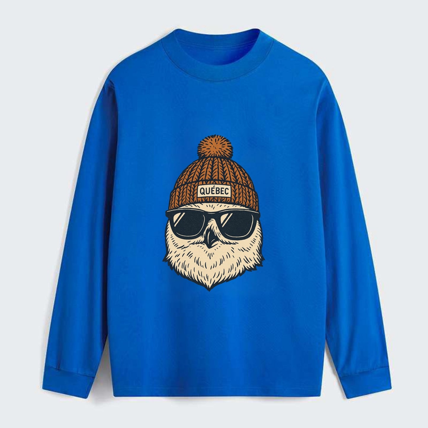 Quebec City Snowy Owl wearing Quebec beanie with pom pom and wayfarer - Classic Long Sleeve Shirt - Blue