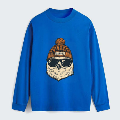Quebec City Snowy Owl wearing Quebec beanie with pom pom and wayfarer - Classic Long Sleeve Shirt - Blue