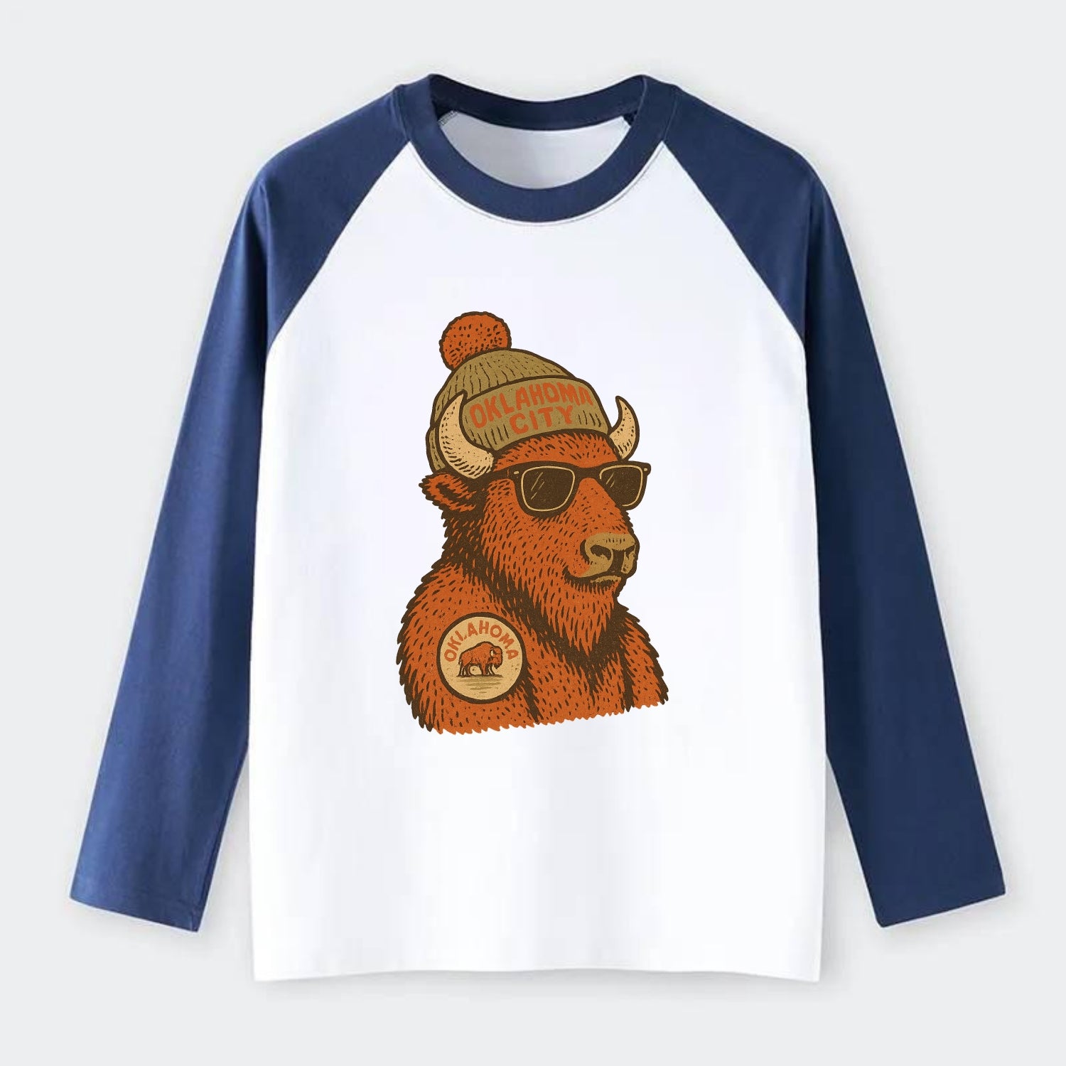 Oklahoma Buffalo wearing Oklahoma City beanie with pom pom and - Raglan Long Sleeve T-Shirt - Blue