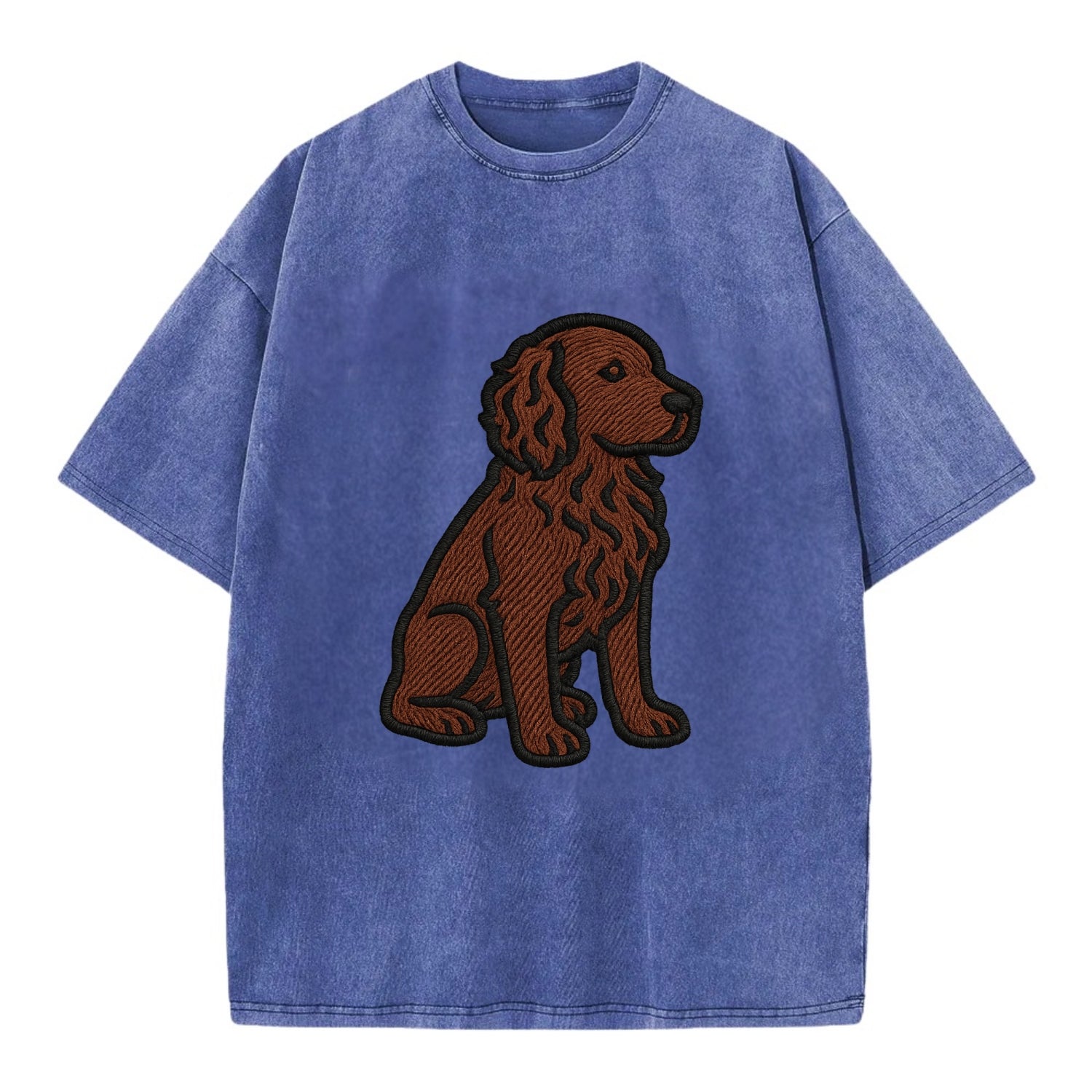 Boykin Spaniel - Rich chocolate brown wavy coat embroidered sitting pose - Vintage T-shirt - Blue