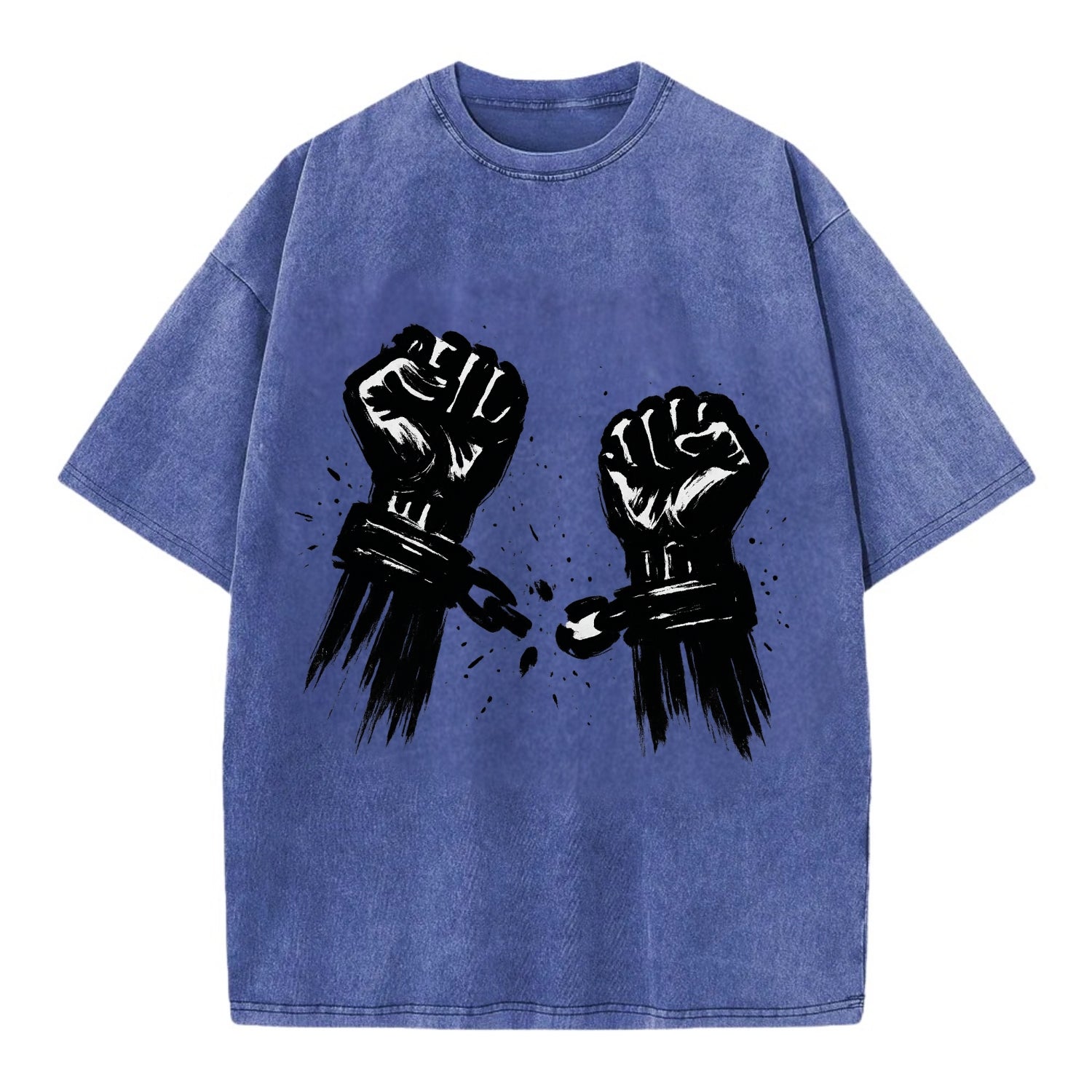 Two raised fists breaking chains - liberation and freedom ink painting - Vintage T-shirt - Blue