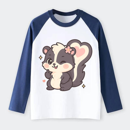fluffy skunk with heart-shaped tail pattern, one paw up showing sass - Raglan Long Sleeve T-Shirt - Blue
