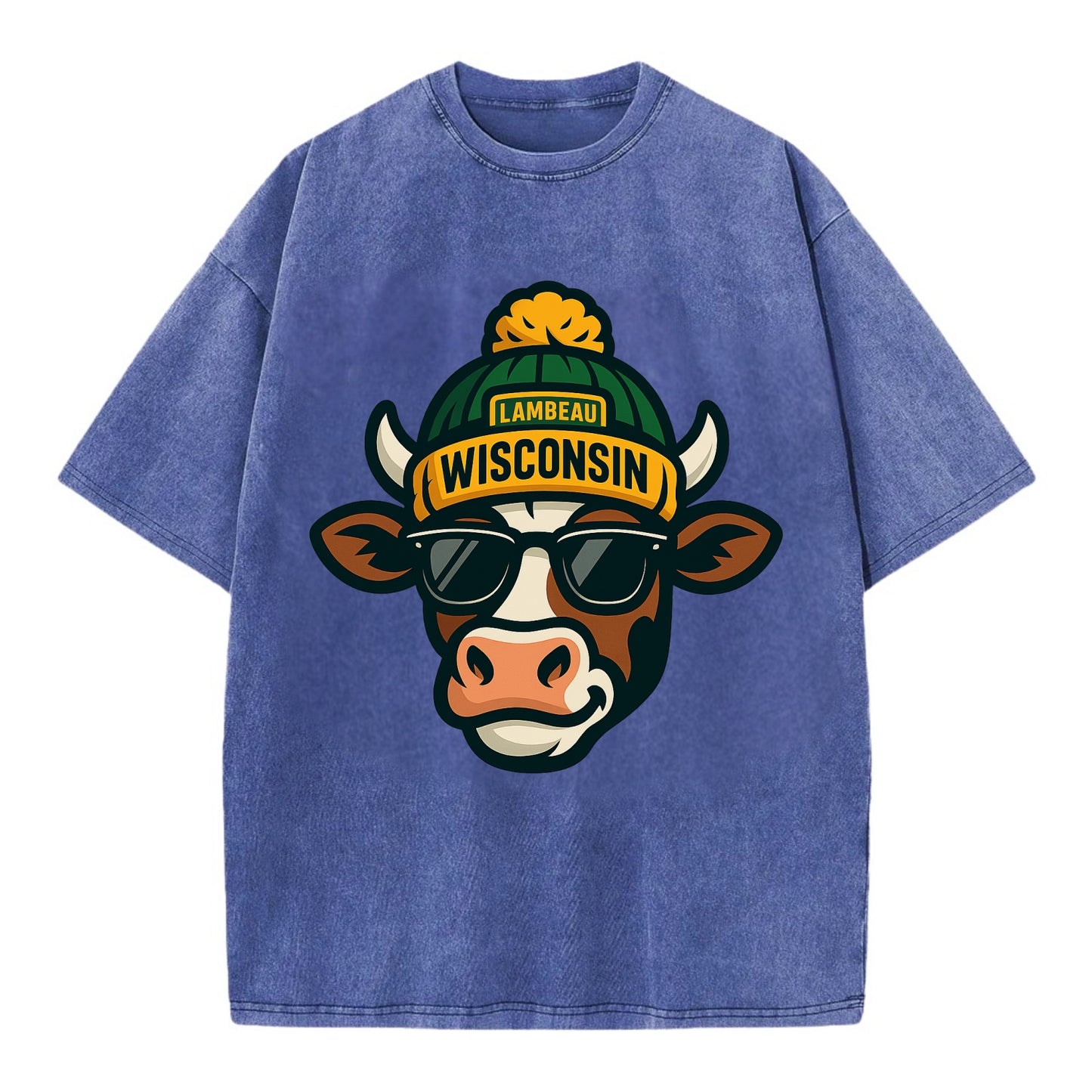 Wisconsin Cow wearing Packers beanie with Lambeau patch and wayfarer sunglasses - Vintage T-shirt - Blue