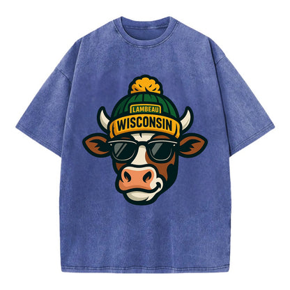 Wisconsin Cow wearing Packers beanie with Lambeau patch and wayfarer sunglasses - Vintage T-shirt - Blue