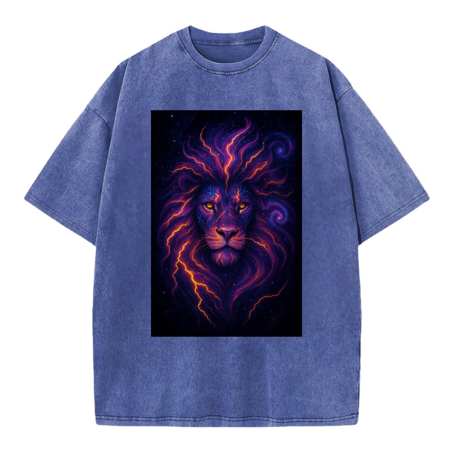 Regal lion with mane made of electric currents, neon yellow and hot pink energy - Vintage T-shirt - Blue