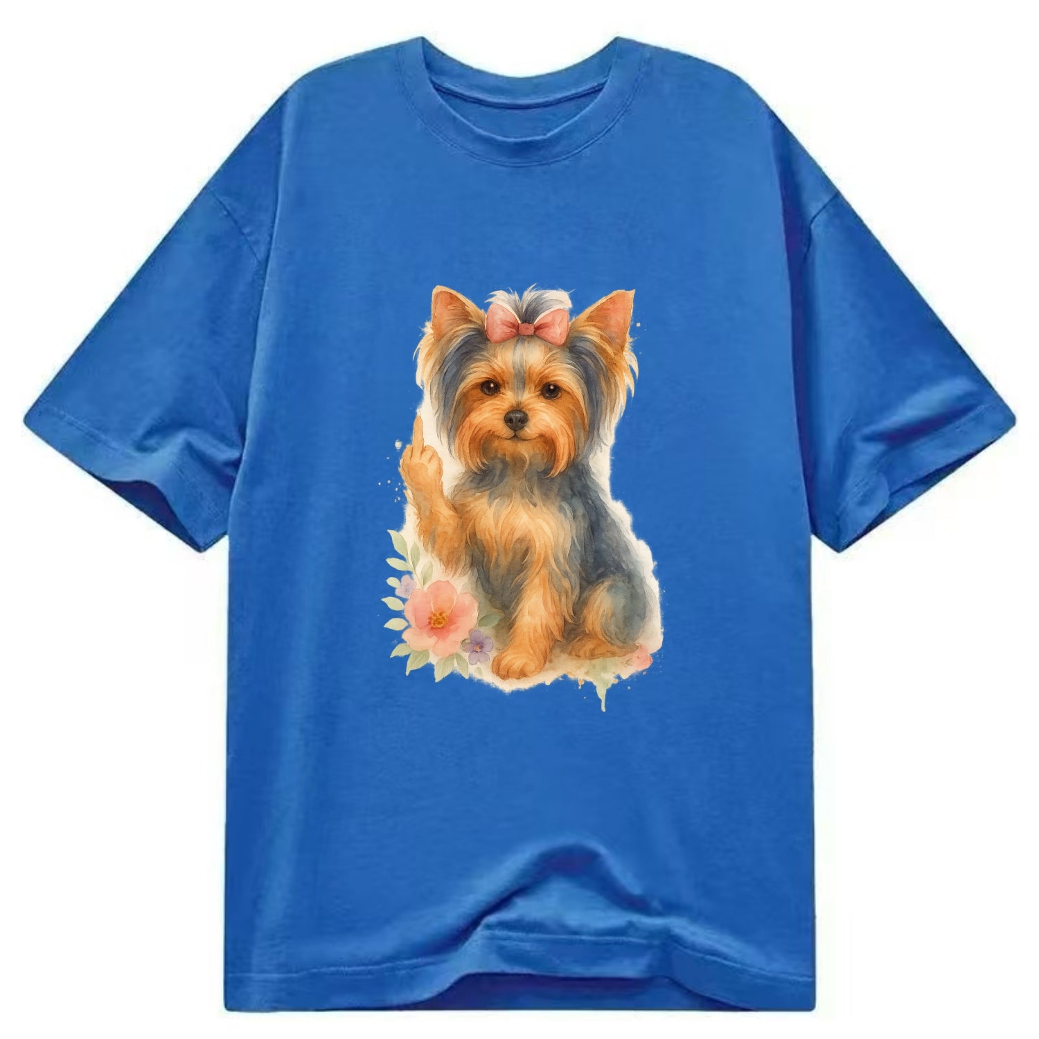 Yorkshire Terrier with topknot bow, one delicate paw flipping off - Classic T-shirt - Blue