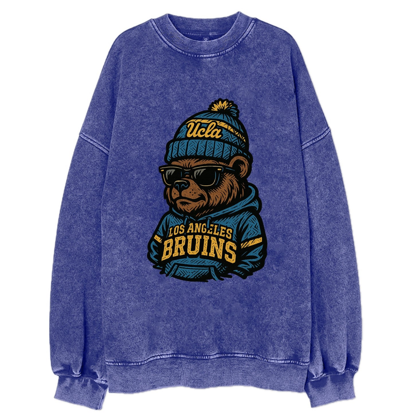 Los Angeles Bruin wearing UCLA beanie with script patch - Vintage Sweatshirt - Blue