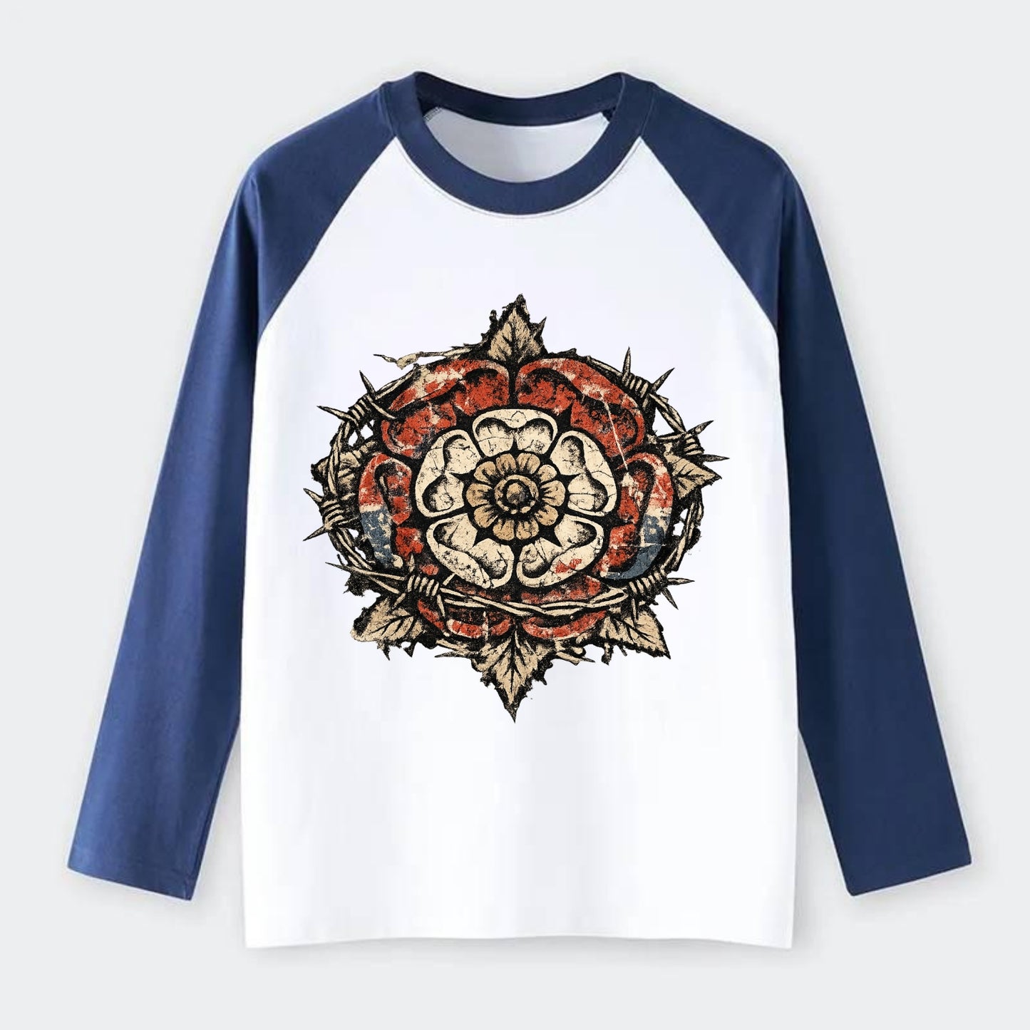 THORNED ROSE | Tudor rose with thorns | Barbed wire integration | - Raglan Long Sleeve T-Shirt - Blue