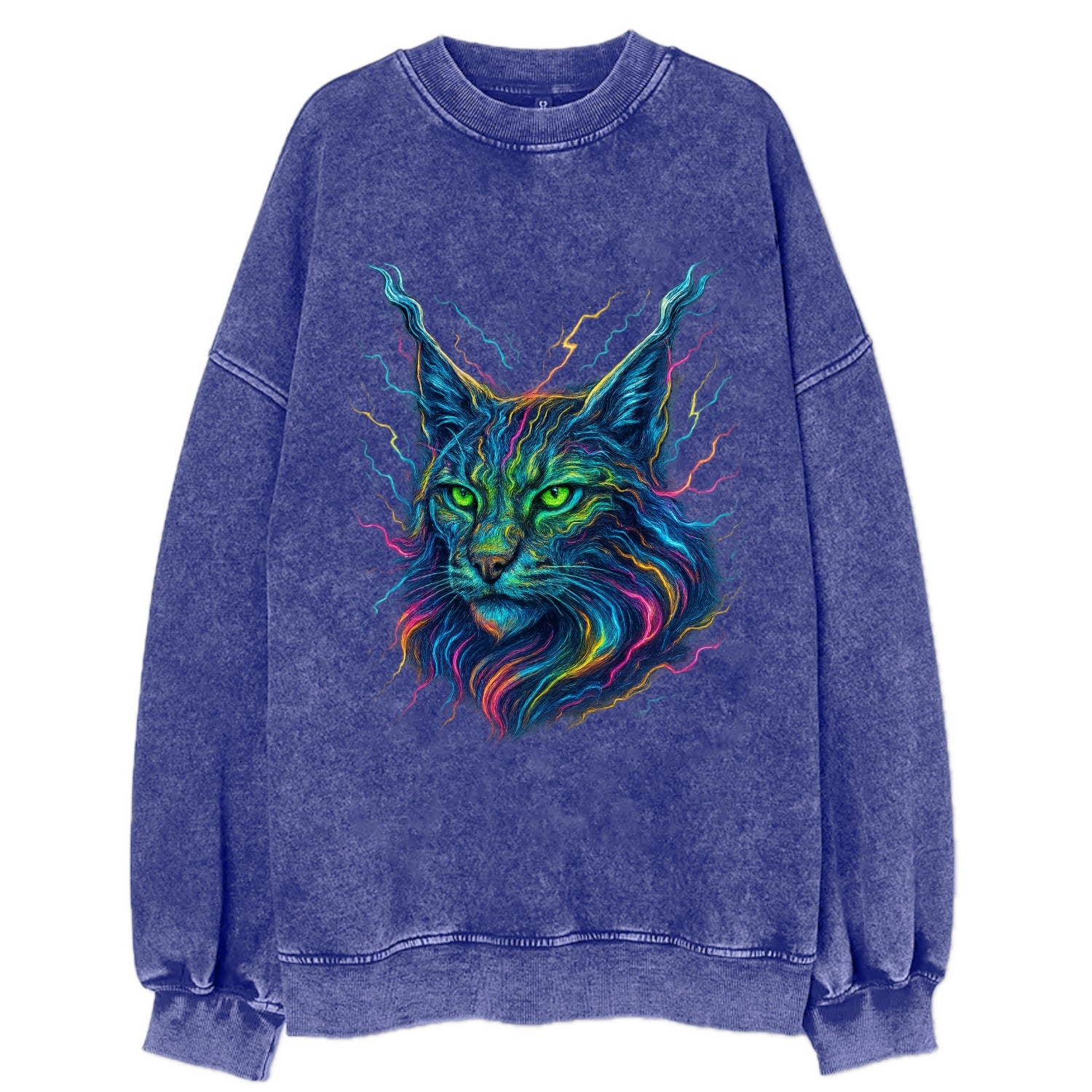 Wild lynx with ear tufts transforming into liquid mercury flows, silver and - Vintage Sweatshirt - Blue
