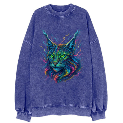 Wild lynx with ear tufts transforming into liquid mercury flows, silver and - Vintage Sweatshirt - Blue