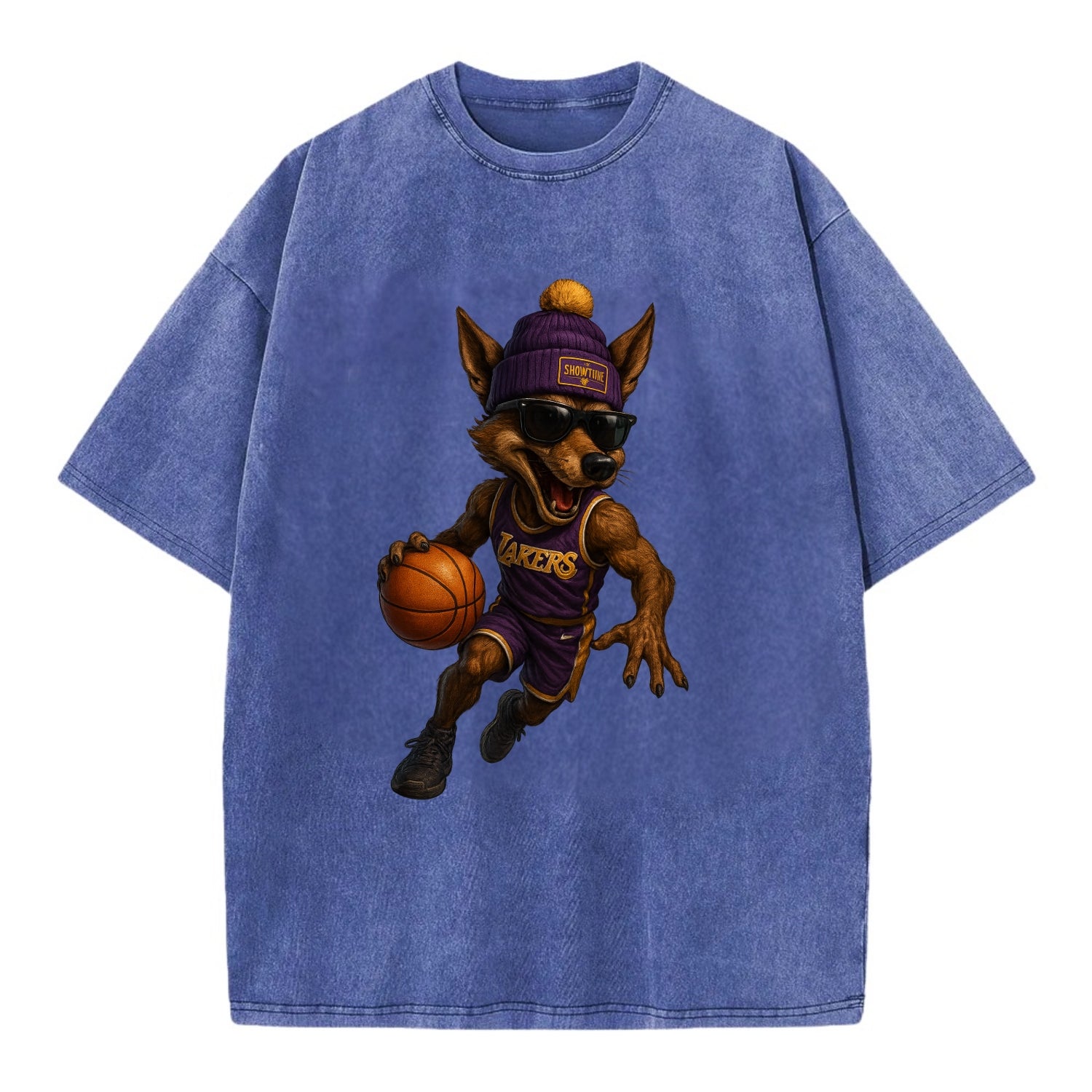 Hollywood Coyote wearing Lakers beanie with Showtime patch and wayfarer sunglasses - Vintage T-shirt - Blue
