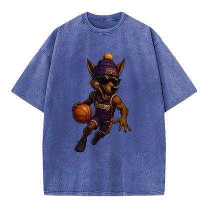 Hollywood Coyote wearing Lakers beanie with Showtime patch and wayfarer sunglasses - Vintage T-shirt - Blue