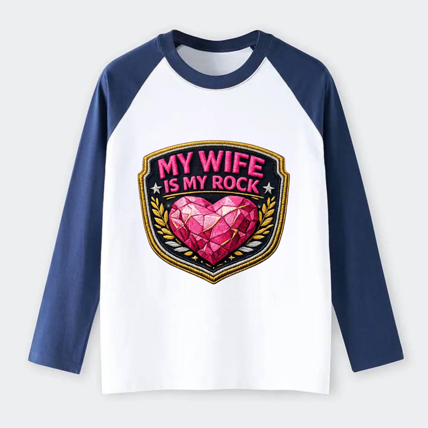 MY WIFE IS MY ROCK - pink rock heart - pink - solid wife - Raglan Long Sleeve T-Shirt - Blue