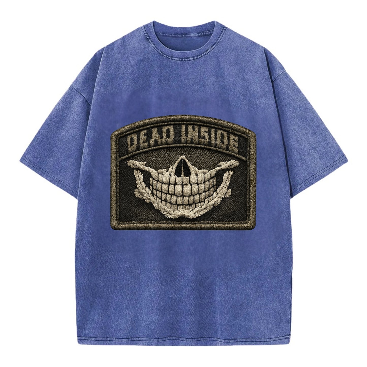 DEAD INSIDE SMILE - skeleton smile in white , dark humor - Vintage T-shirt - Blue
