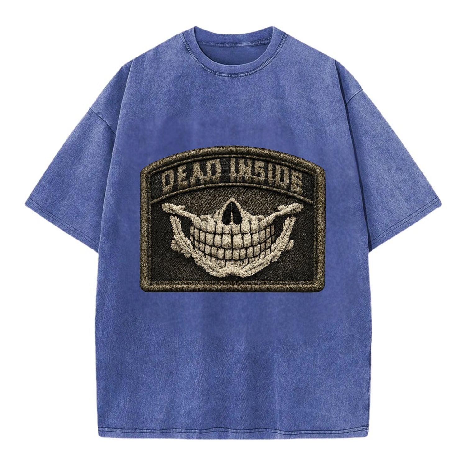 DEAD INSIDE SMILE - skeleton smile in white , dark humor - Vintage T-shirt - Blue