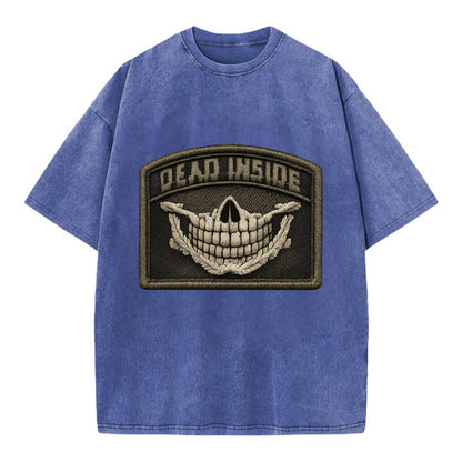 DEAD INSIDE SMILE - skeleton smile in white , dark humor - Vintage T-shirt - Blue