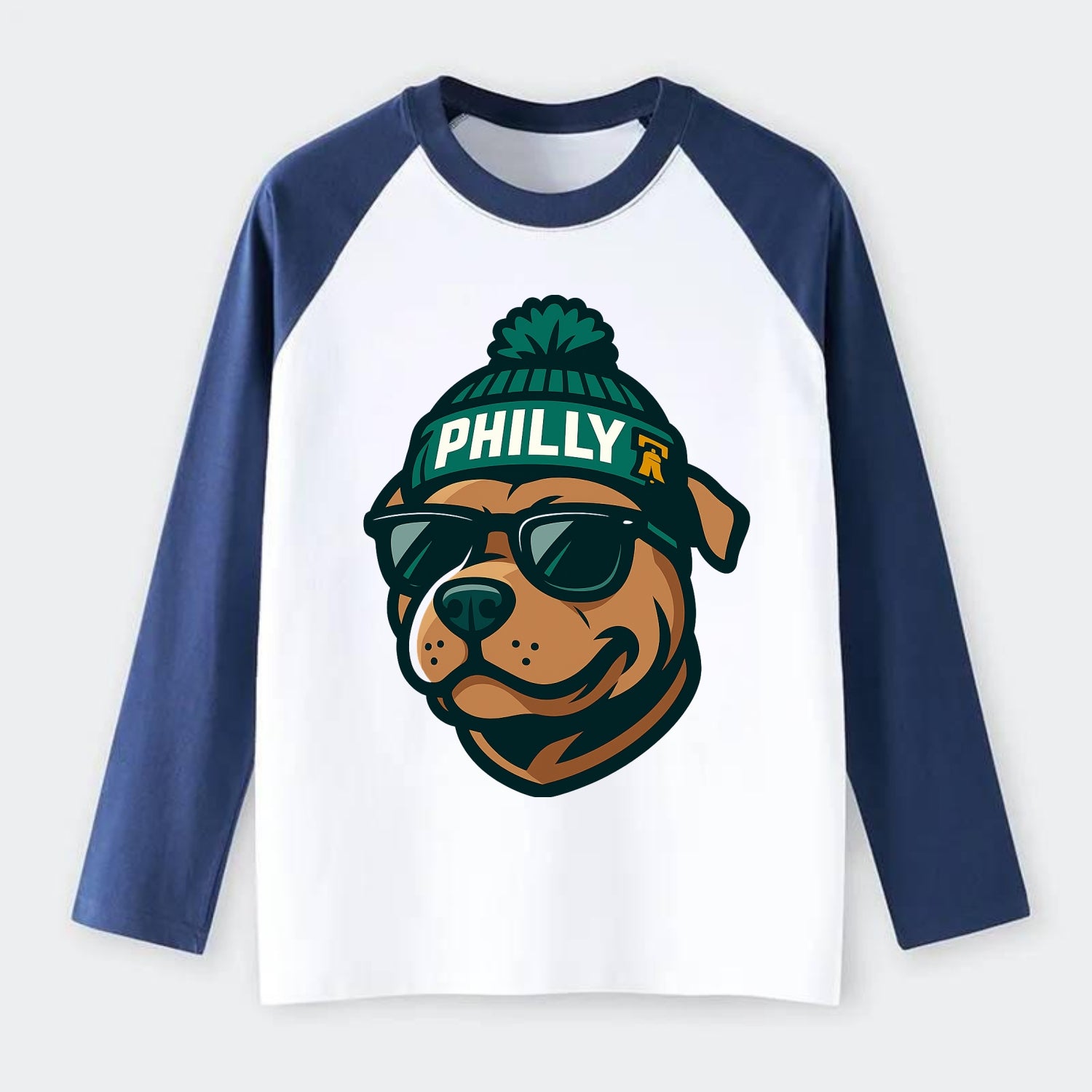 Philly Pitbull wearing Eagles beanie with Liberty Bell patch and - Raglan Long Sleeve T-Shirt - Blue