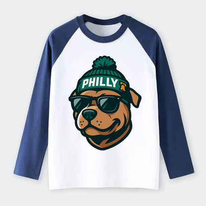 Philly Pitbull wearing Eagles beanie with Liberty Bell patch and - Raglan Long Sleeve T-Shirt - Blue
